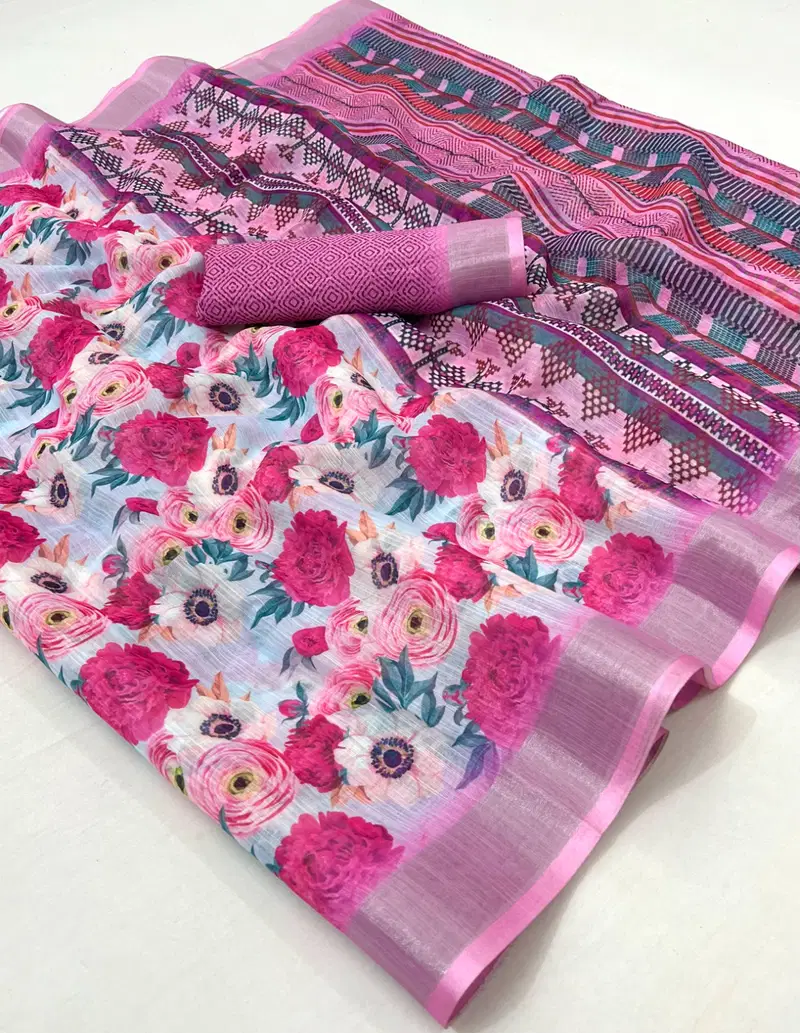SRC Pure Linen Silver Jari Digital Printed Sarees Wholesale Market In Surat